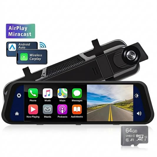 HeyJet 4K Mirror Dash Cam + Free 64GB SD Card - Wireless CarPlay & Android Auto, 12" Touch Screen, GPS & Night Vision
