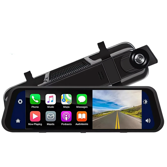 Car dashboard camera with a touchscreen display on a white background